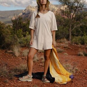 FP Movement by Free People Hot Shot T-Shirt Romper V-Neck Bleached Clay XS NEW